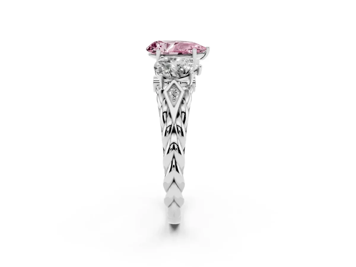 Fancy Pink Three-Stone Pear Cut Diamond Braided Band Ring with Four-Prong Setting Platinum