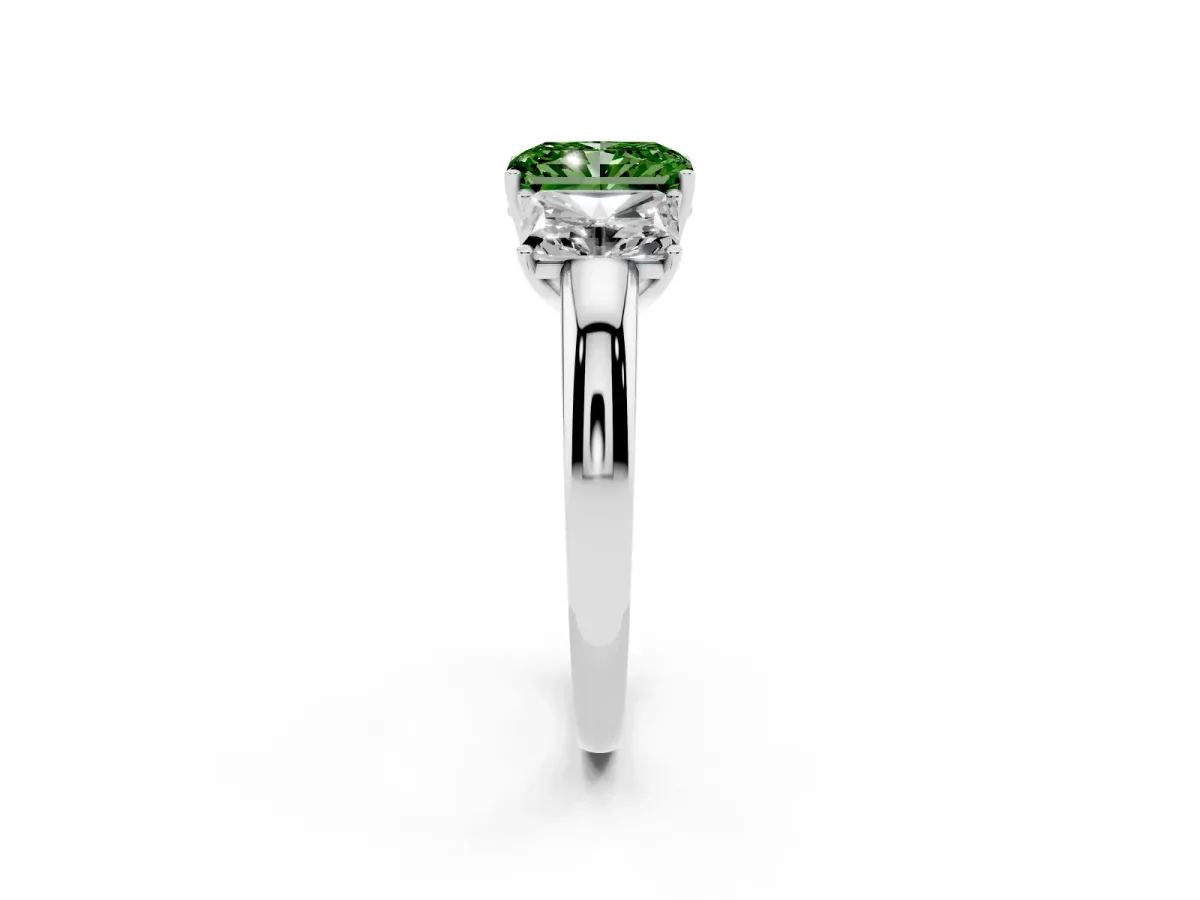 Fancy Green Radiant Cut Diamond Three-Stone Ring with Four-Prong Setting and Classic Band Silver