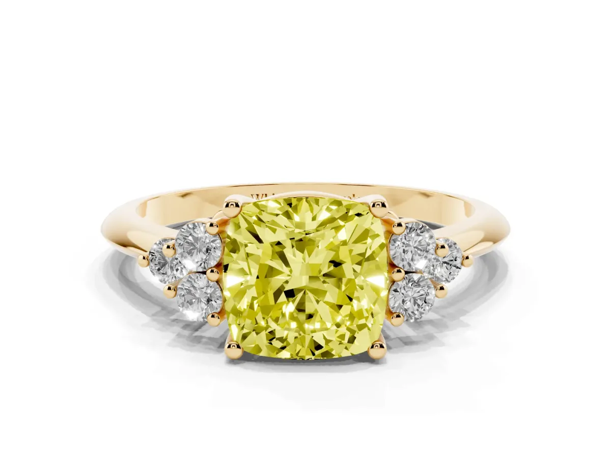 Fancy Yellow Cushion Cut Cut Diamond Cluster Ring with Solitaire Band and Four-Prong Setting Yellow gold