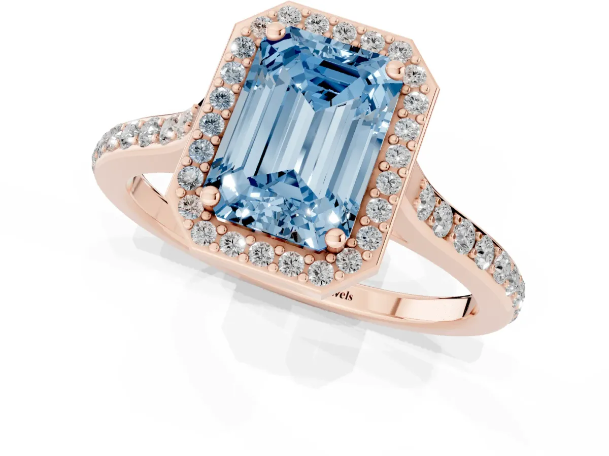 Fancy Blue Emerald Cut Diamond Halo Engagement Ring with Round Pavé Shoulders and Prong Setting Rose gold