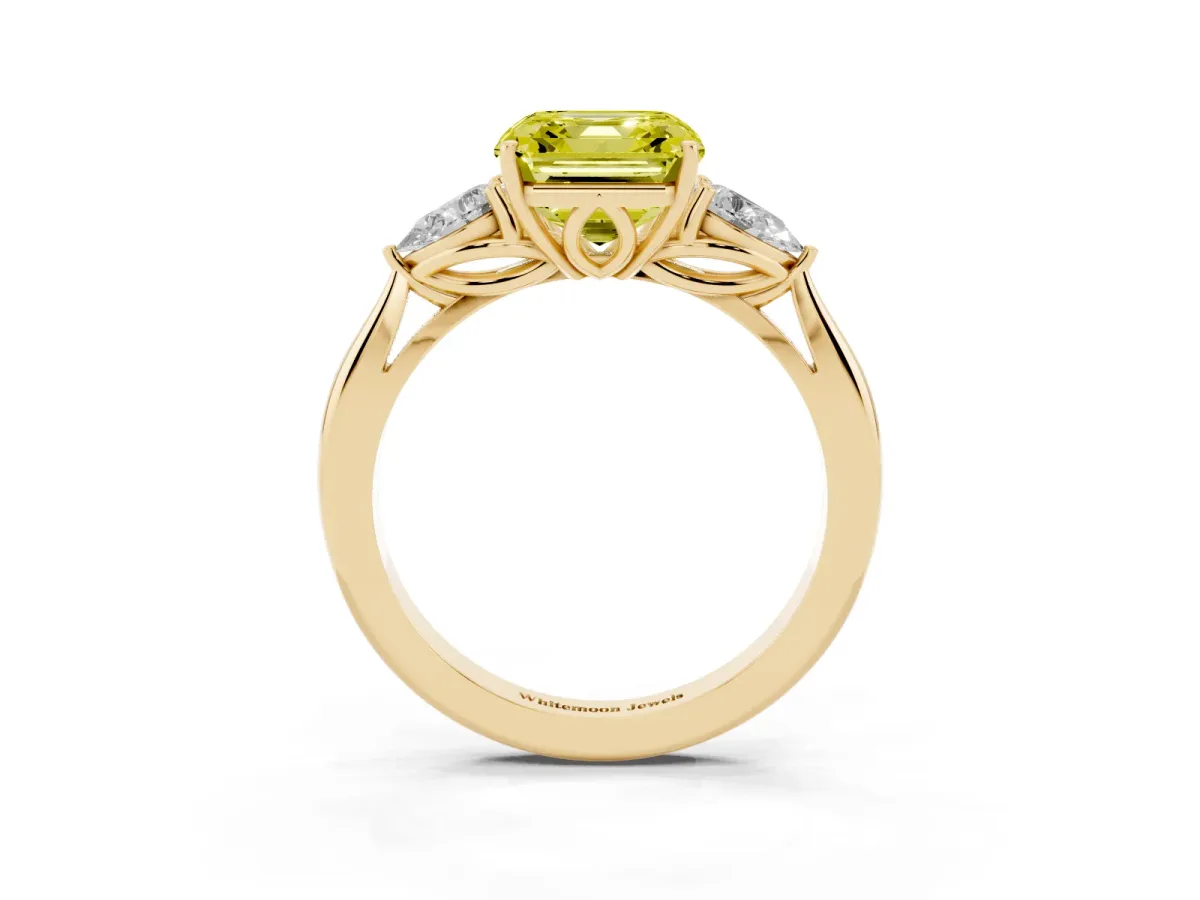 Fancy Yellow Three-Stone Asscher Cut Diamond Ring with Pear Side Stones in Four-Prong Setting Yellow gold