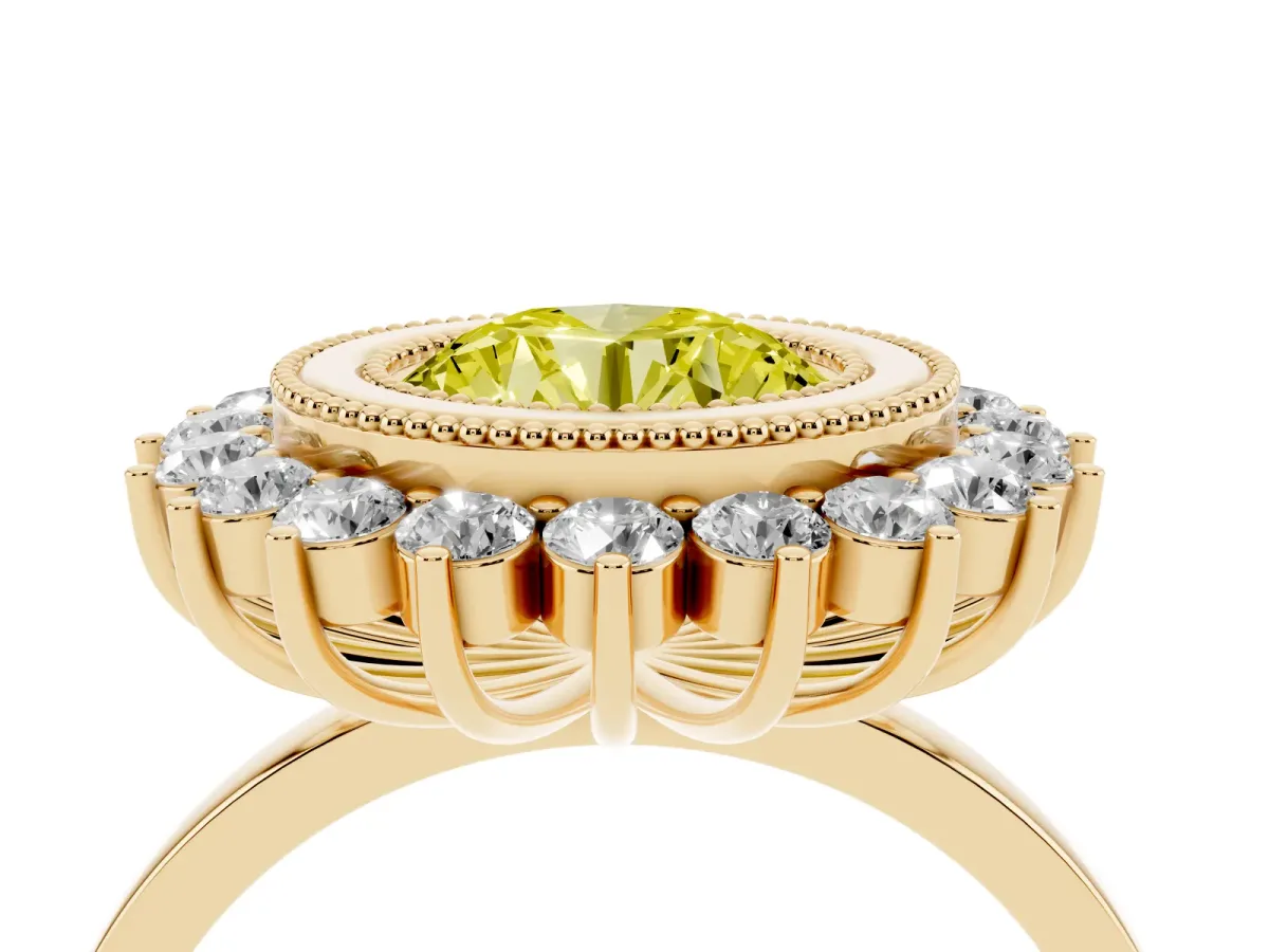 Fancy Yellow Round Cut Halo Diamond Ring with Milgrain Edge and Round Prong Setting Yellow gold
