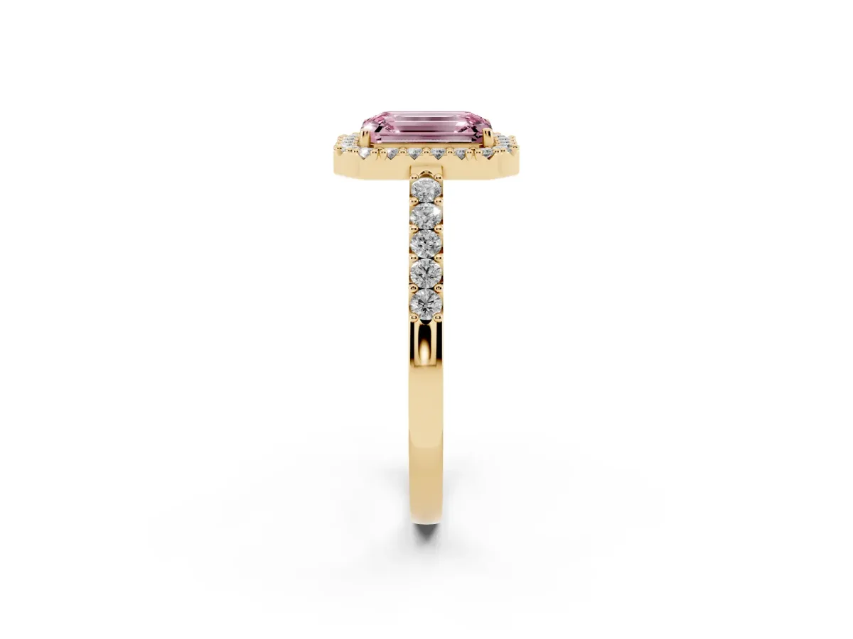 Fancy Pink Emerald Cut Halo Diamond Pavé Solitaire Ring Yellow gold