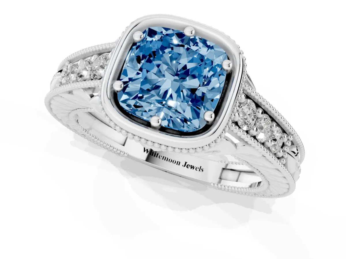 Fancy Blue Bezel Set Cushion Cut Diamond Milgrain Pave Engagement Ring Silver