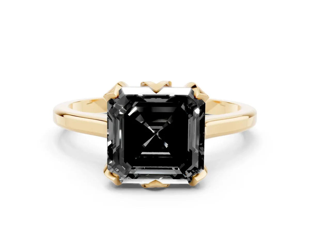 Fancy Black Asscher Cut Diamond Solitaire Ring with Flower Prong Setting and Classic Band Yellow gold