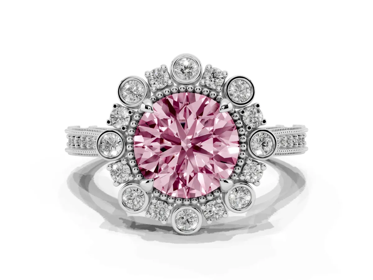 Fancy Pink Round Cut Halo Milgrain Pave Diamond Ring with Four-Prong Setting Silver