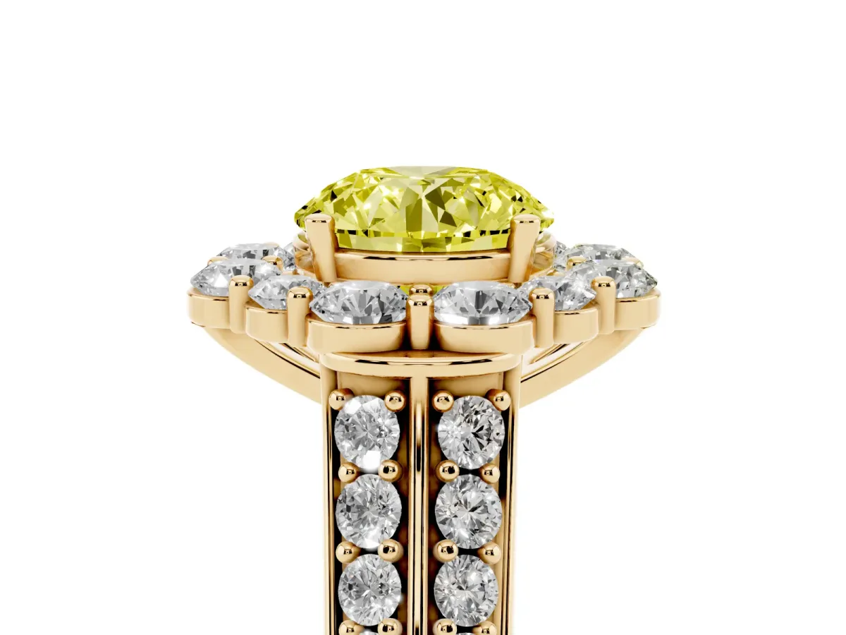 Fancy Yellow Round Cut Halo Diamond Engagement Ring with Split Shank and Prong Setting Yellow gold
