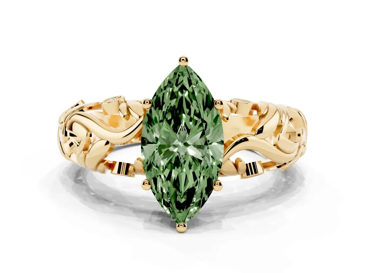 Fancy Green Marquise Cut Solitaire Diamond Leaf-Inspired Vine Band Ring with Prong Setting Yellow gold
