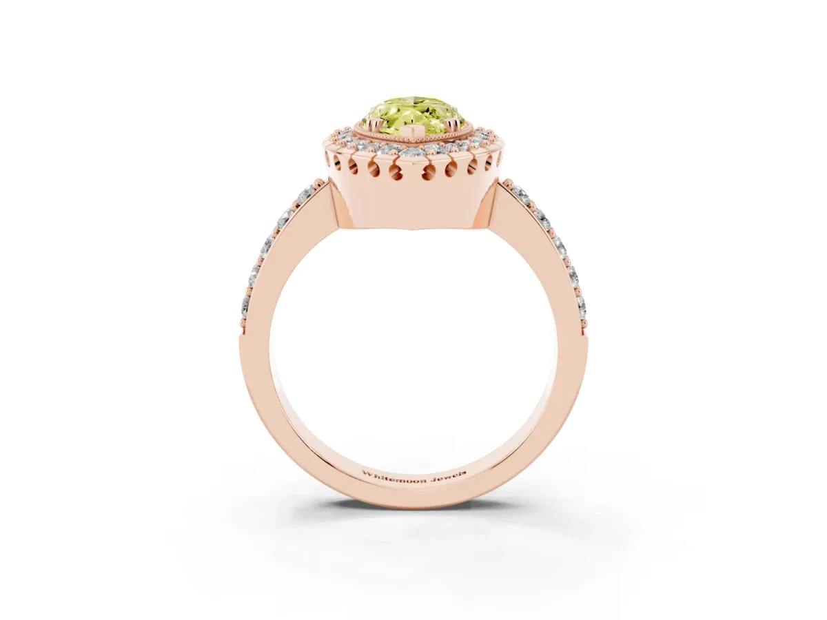 Fancy Yellow Marquise Cut Diamond Halo Ring with Pavé Band and Prong Setting Rose gold