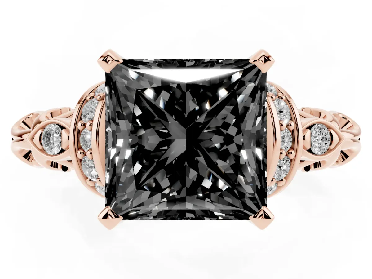 Fancy Black Princess Cut Diamond Solitaire Ring with Filigree Band and Four-Prong Setting Rose gold