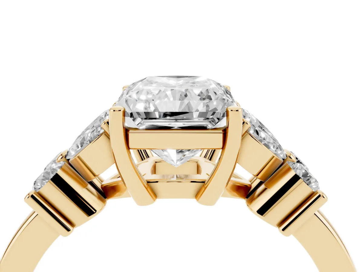 Radiant Cut Diamond Floral Cluster Ring with Solitaire Band and Prong Setting Yellow gold