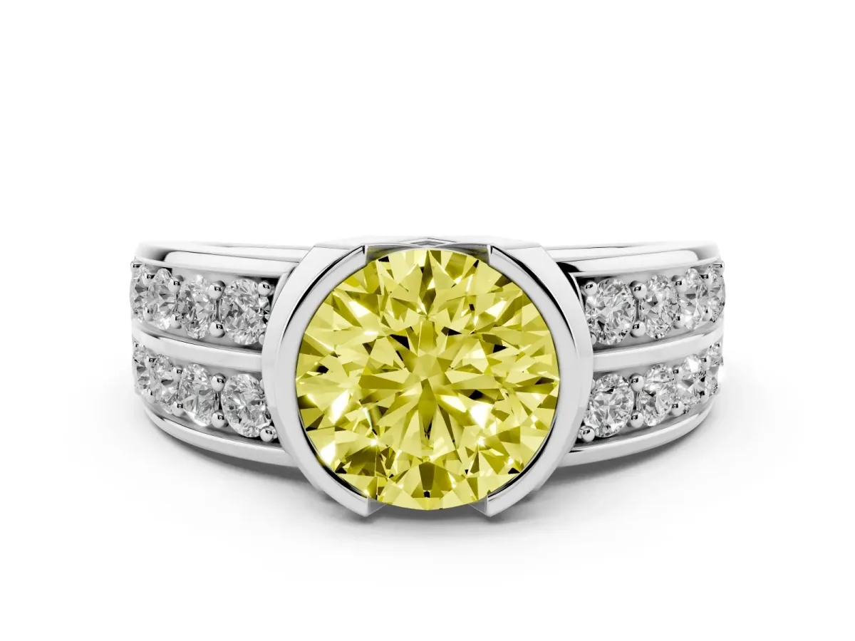 Fancy Yellow Round Cut Brilliant Diamond Channel Set Wide Band Ring with Bezel Setting White gold