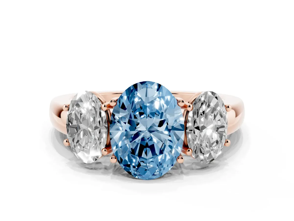 Fancy Blue Oval Cut Diamond Three-Stone Ring with Four-Prong Setting and Classic Band Rose gold
