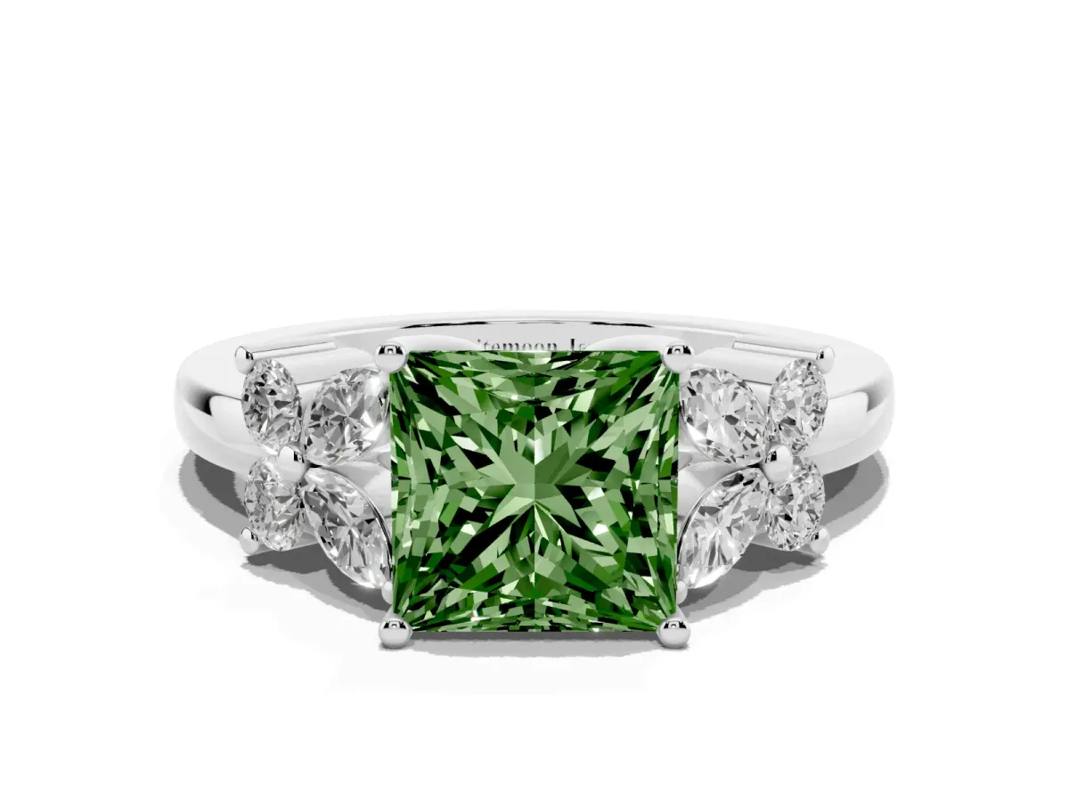 Fancy Green Princess Cut Diamond Floral Cluster Ring with Solitaire Band and Prong Setting Silver