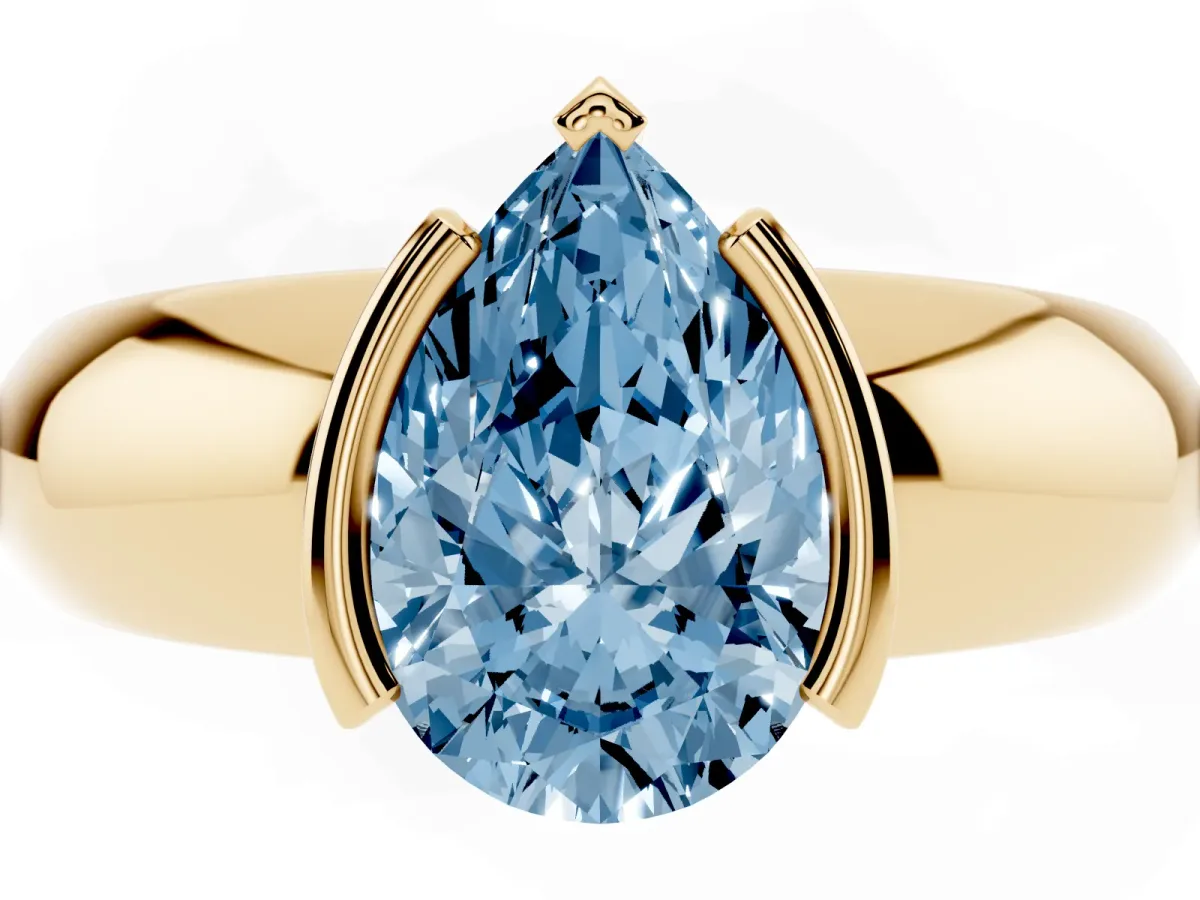 Fancy Blue Pear Cut Solitaire Tension Set Diamond Ring with Wide Band Yellow gold
