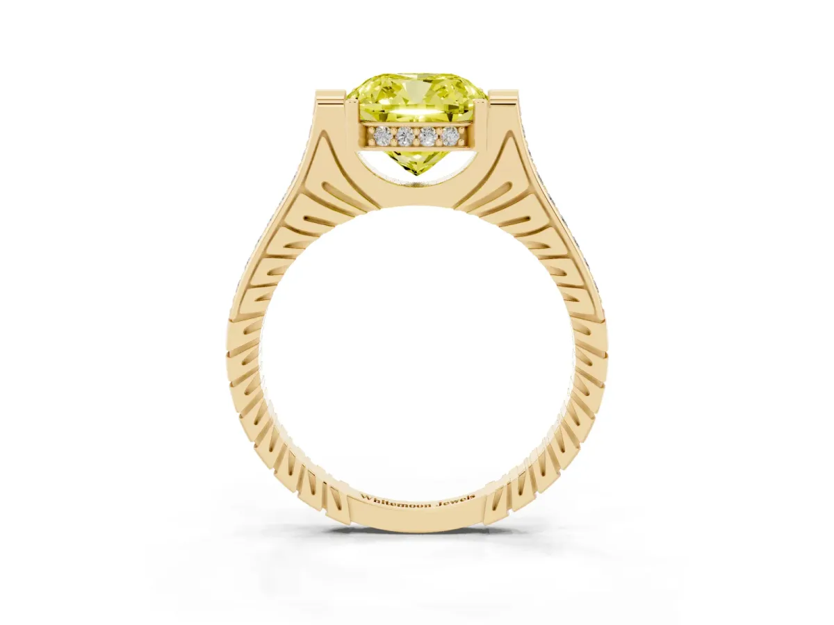 Fancy Yellow Cushion Cut Solitaire Diamond Ring with Channel Set Band and Bezel Prong Setting Yellow gold