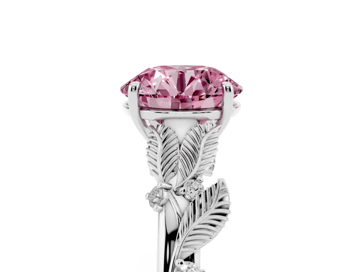 Fancy Pink Round Cut Diamond Solitaire Ring with Leaf Motif Band and Four-Prong Setting Platinum