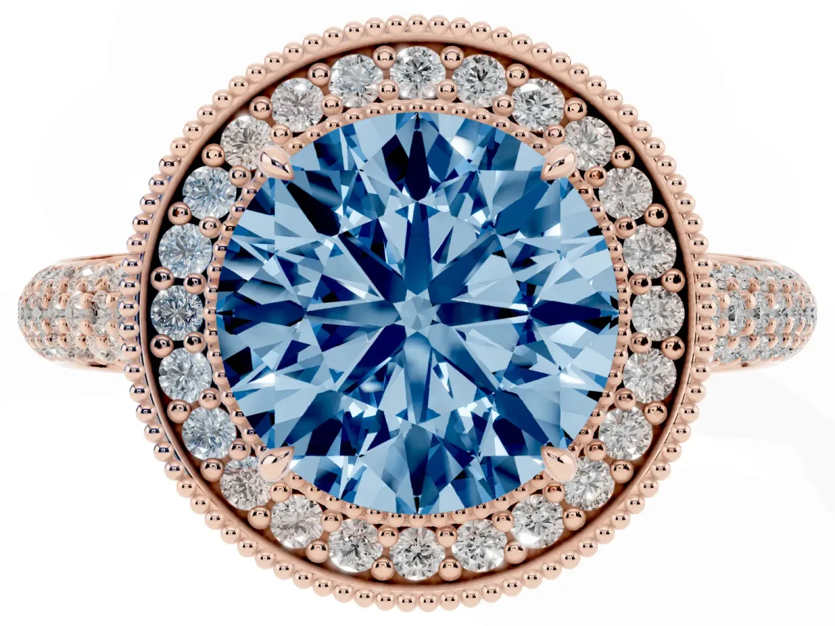 Fancy Blue Round Cut Cut Halo Diamond Pave Band with Four-Prong Setting Rose gold