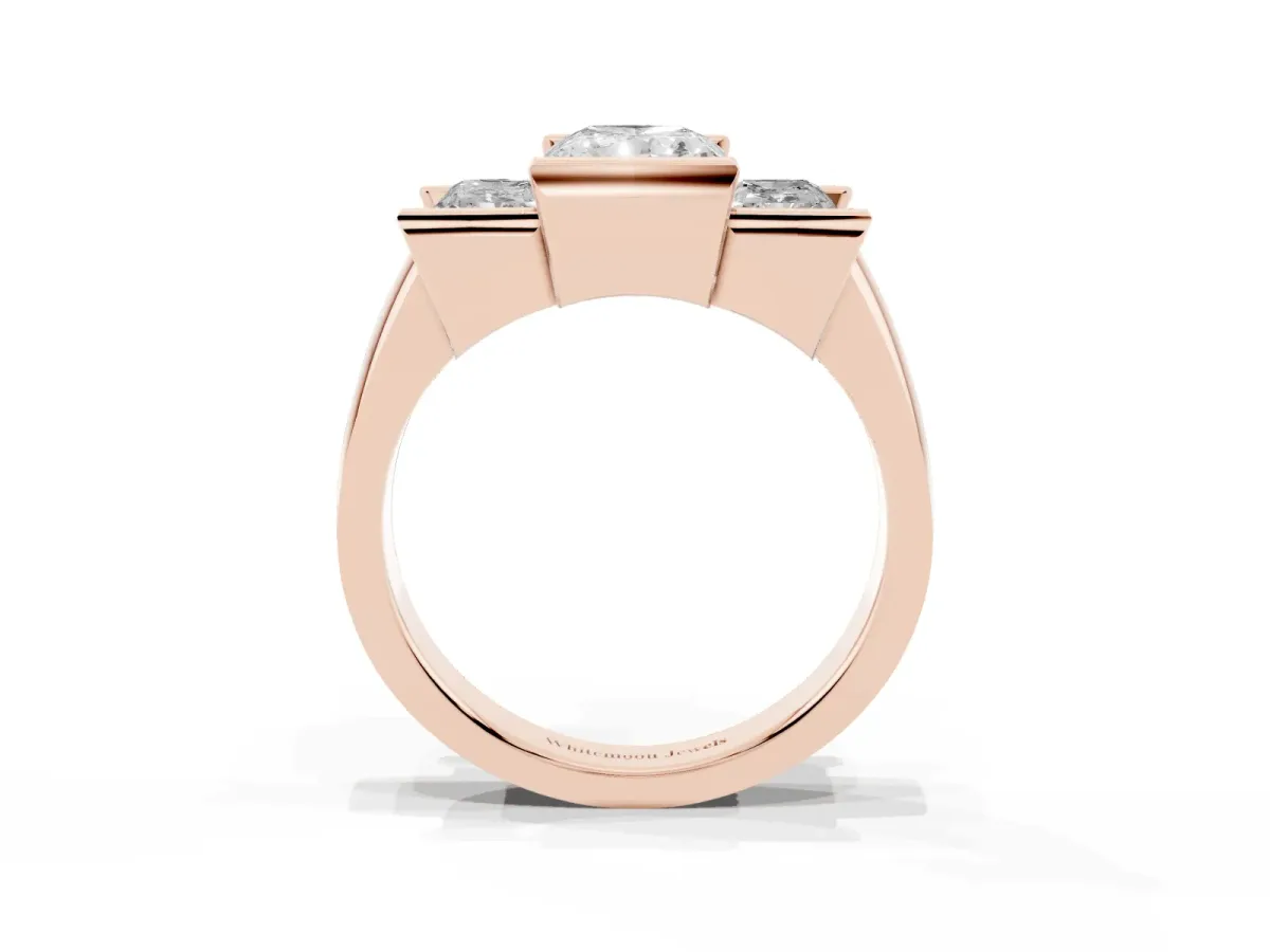 Three Stone Radiant Cut Cut Channel Set Diamond Ring Rose gold