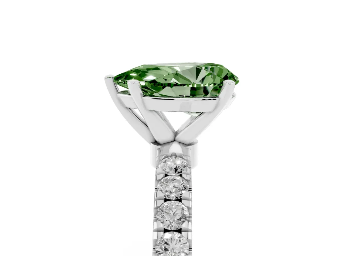 Fancy Green Pear Cut Diamond Solitaire Ring with Pavé Accents and Four-Prong Setting Platinum