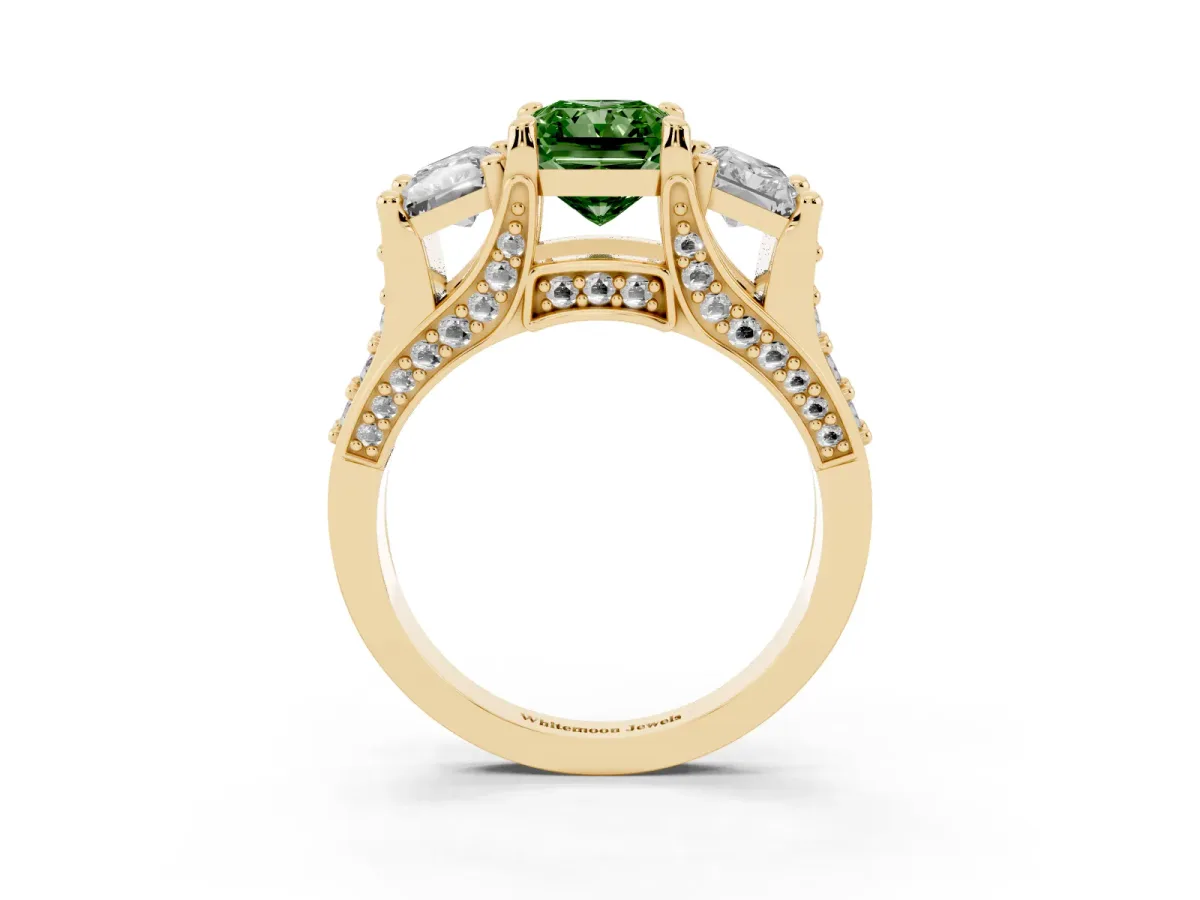 Fancy Green Radiant Cut Diamond Three-Stone Ring with Channel Set Band and Four-Prong Setting Yellow gold