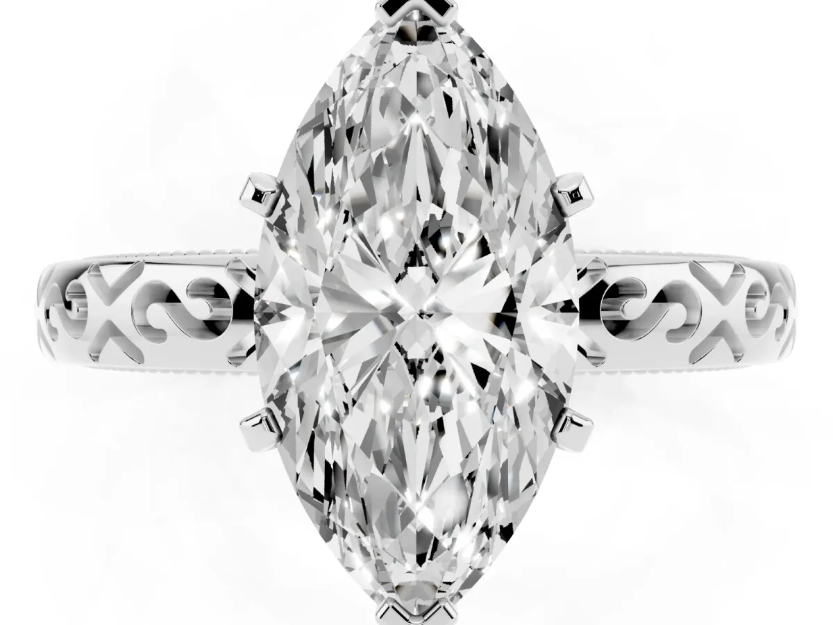 Marquise Cut Solitaire Engagement Ring with Scrollwork Band and Four-Prong Setting White gold