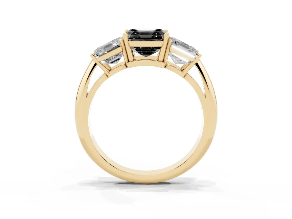 Fancy Black Three-Stone Asscher Cut Cut Diamond Engagement Ring with Prong Setting on a White Gold Band Yellow gold