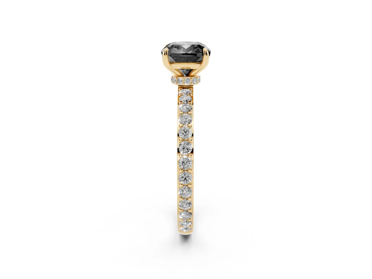 Fancy Black Cushion Cut Diamond Solitaire Engagement Ring with Pavé Band and Four-Prong Setting Yellow gold