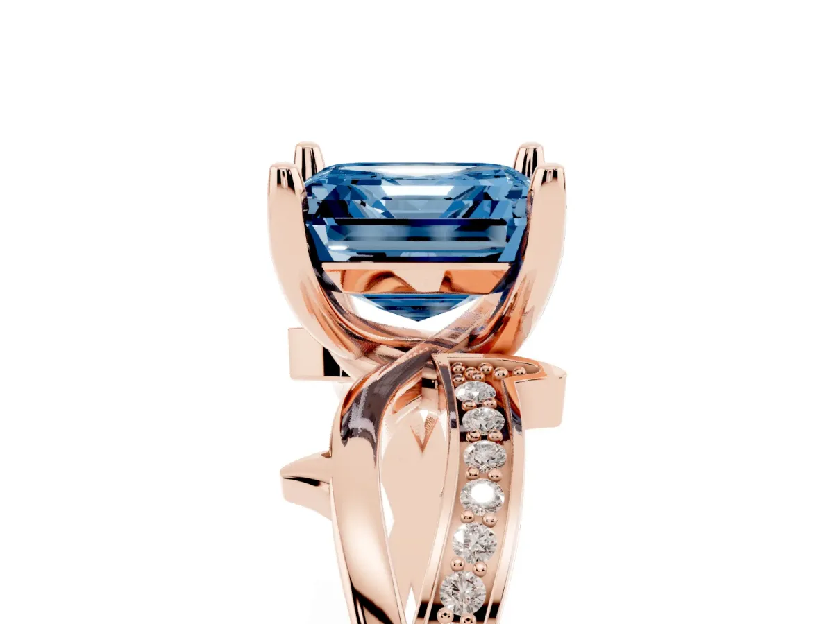Fancy Blue Asscher Cut Solitaire Twist Band with Pavé Accents and Four-Prong Setting Rose gold