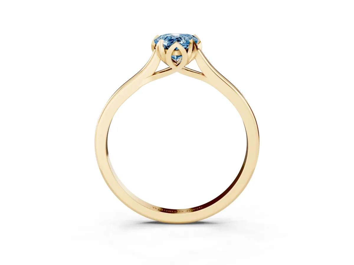 Fancy Blue Pear Cut Diamond Solitaire Ring with Flower Prong Setting and Classic Band Yellow gold