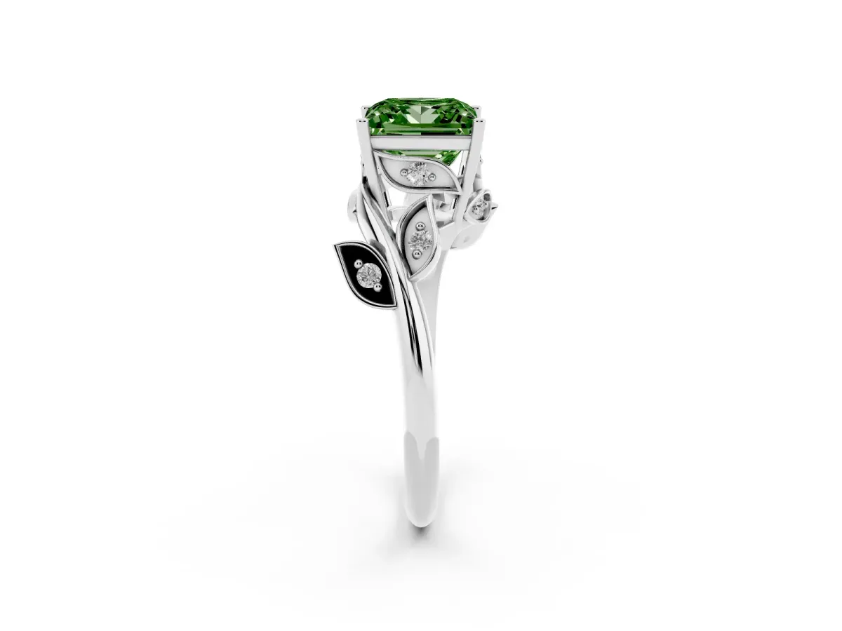 Fancy Green Princess Cut Solitaire Twist Engagement Ring with Leaf Accents and Prong Setting Silver
