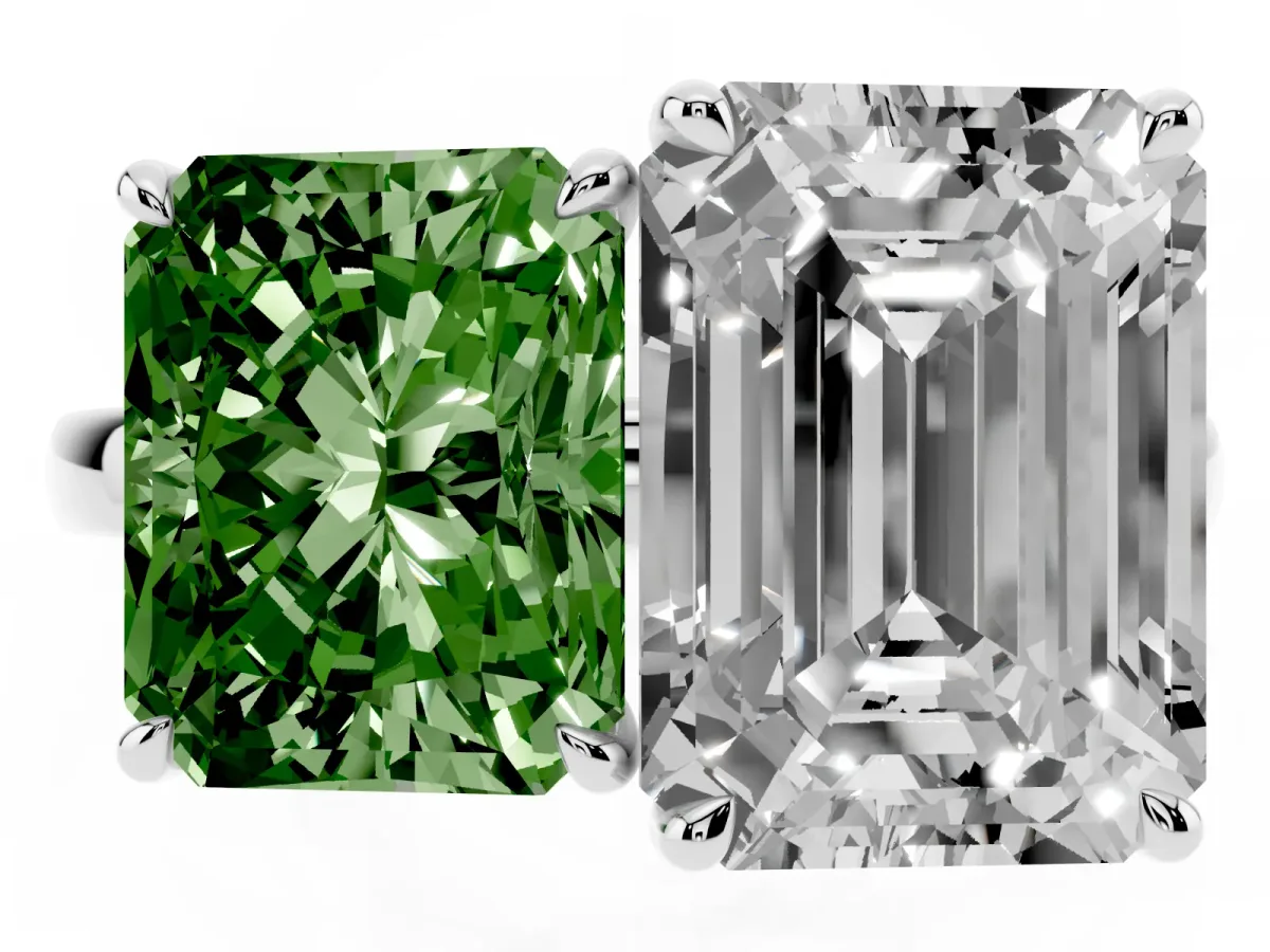 Fancy Green Radiant Cut and Emerald Cut Toi Moi Ring with Prong Setting Platinum