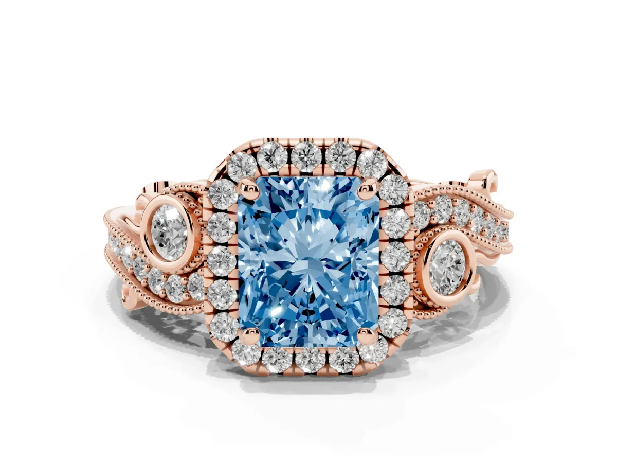 Fancy Blue Radiant Cut Diamond Halo Ring with Milgrain Pavé Band and Four-Prong Setting Rose gold