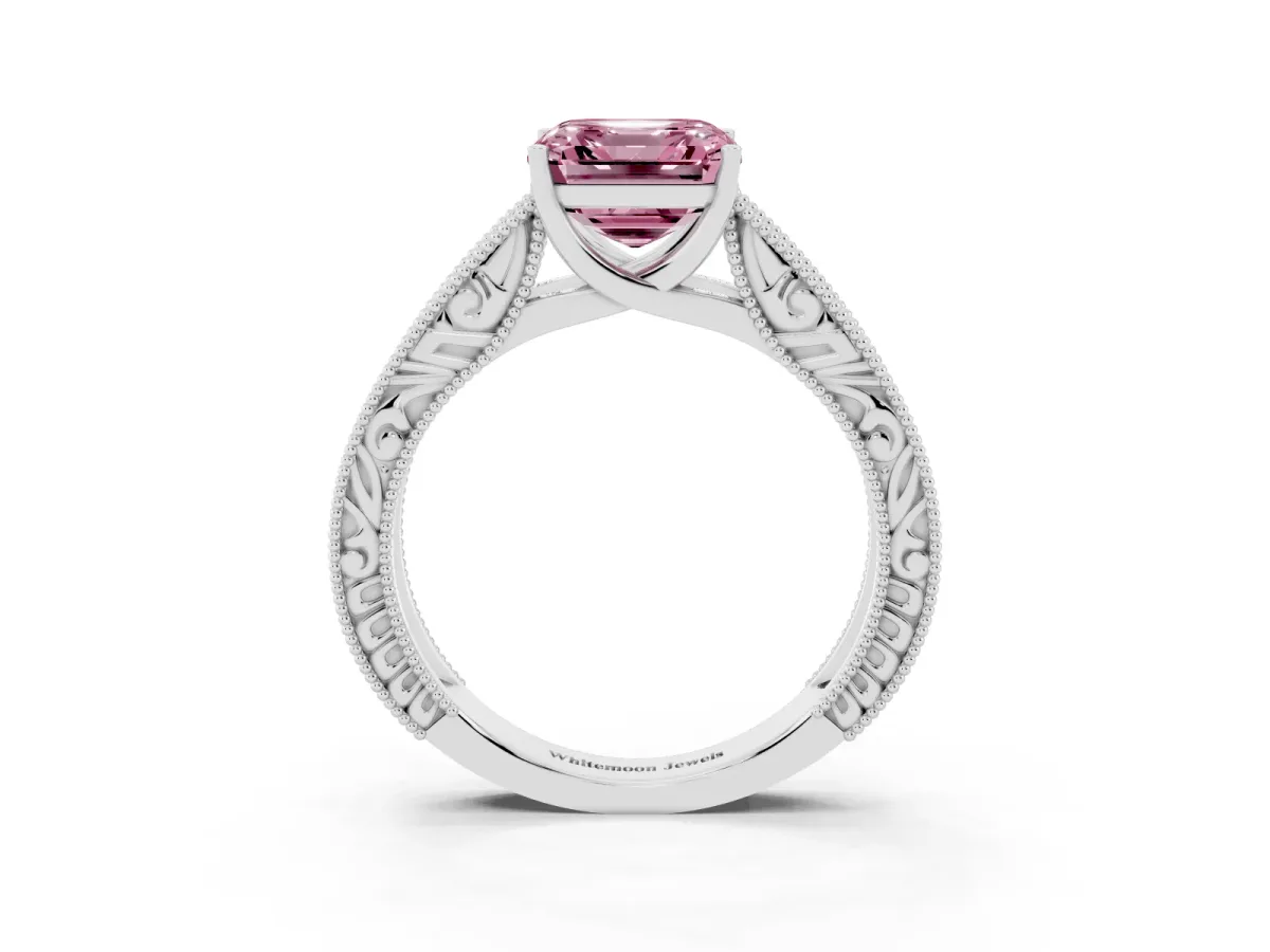 Fancy Pink Asscher Cut Diamond Solitaire Ring with Engraved Band and Four-Prong Setting Silver