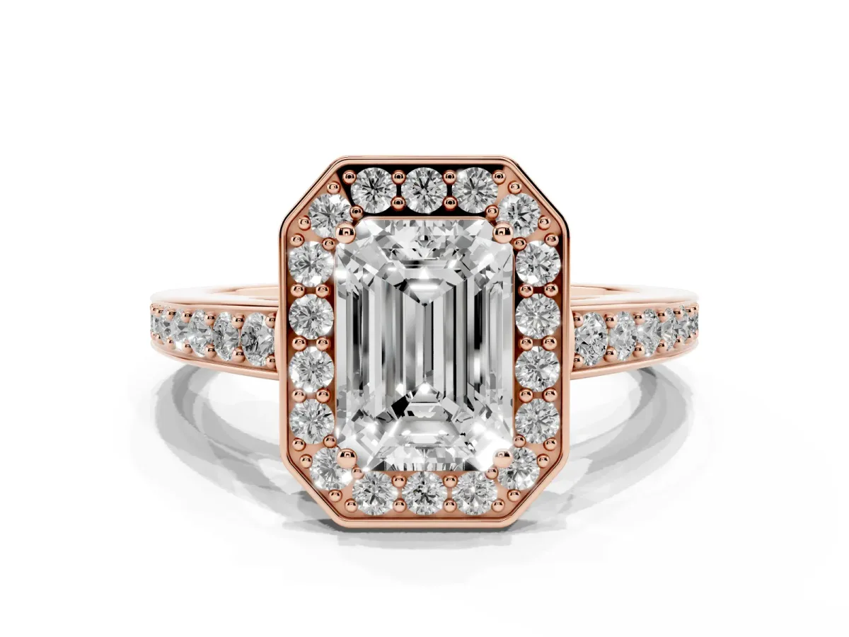 Emerald Cut Halo Pavé Diamond Engagement Ring with Bezel Setting Rose gold