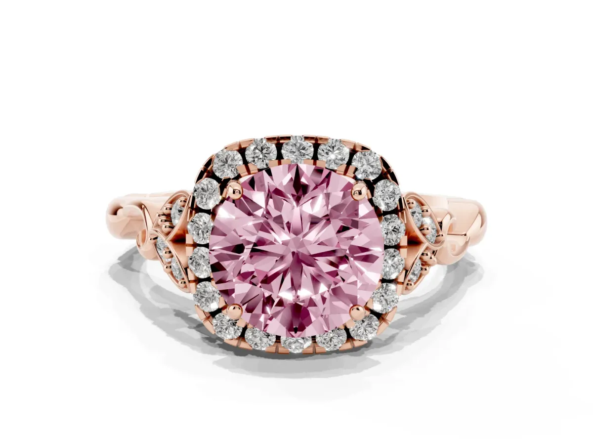 Fancy Pink Round Cut Halo Diamond Engagement Ring with Vintage-Inspired Band and Four-Prong Setting Rose gold