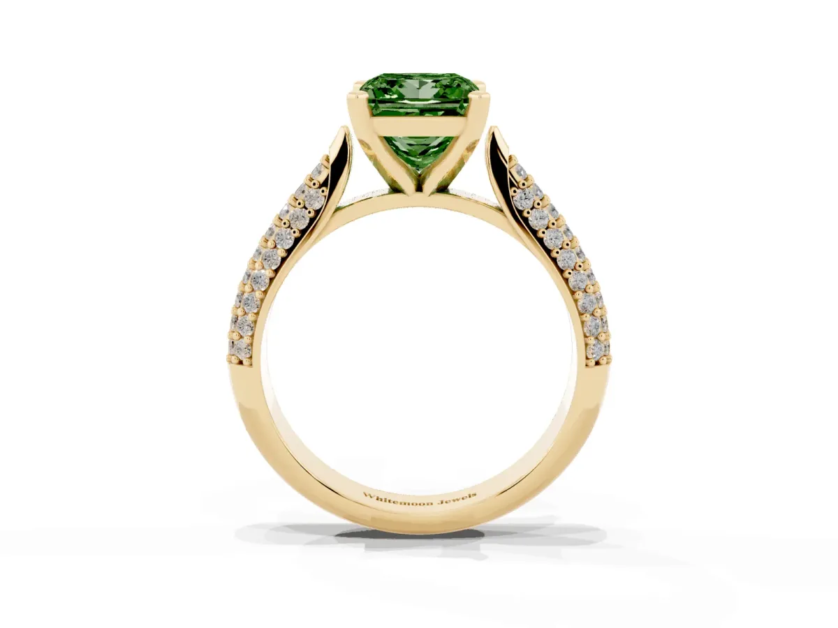 Fancy Green Princess Cut Diamond Solitaire Engagement Ring with Multi-Row Round Pavé Band and Prong Setting Yellow gold