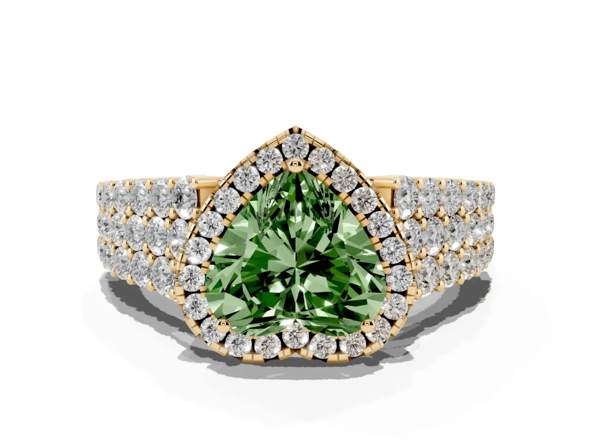 Fancy Green Heart Cut Diamond Halo Engagement Ring with Triple Row Round Pavé Band and Prong Setting Yellow gold