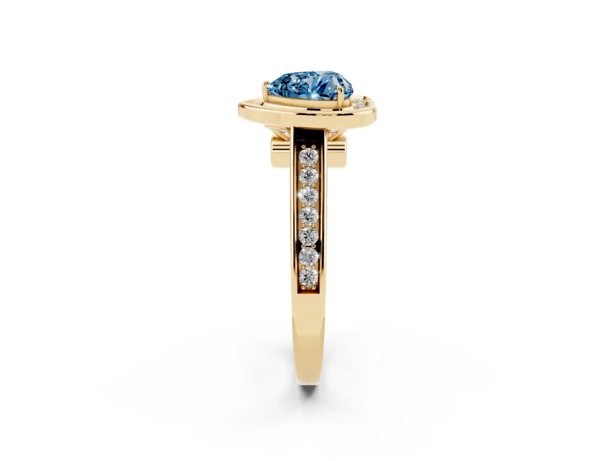 Fancy Blue Heart Cut Halo Solitaire Diamond Ring with Pave Band and Bezel Setting Yellow gold