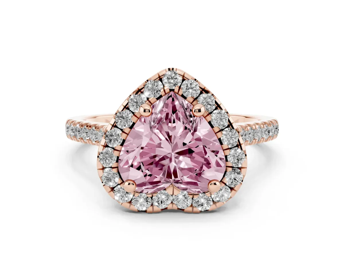 Fancy Pink Heart Cut Diamond Cushion Halo Ring with Pavé Band Rose gold
