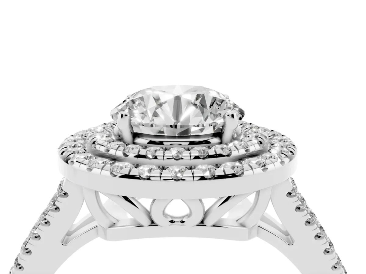 Round Cut Diamond Double Halo Ring with Pavé Band and Prong Setting Silver
