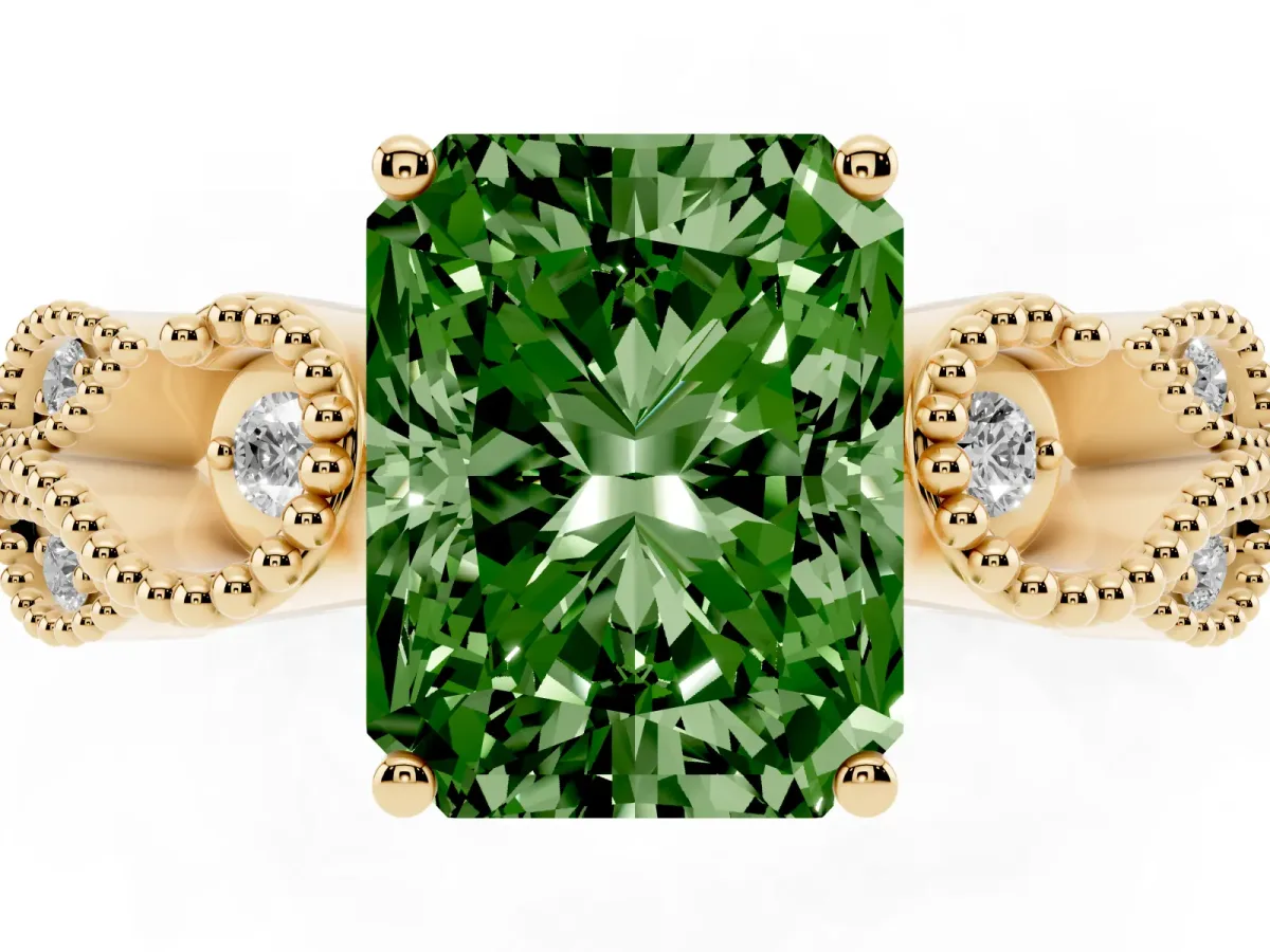Fancy Green Radiant Cut Solitaire Milgrain Leaf Band with Prong Setting Yellow gold