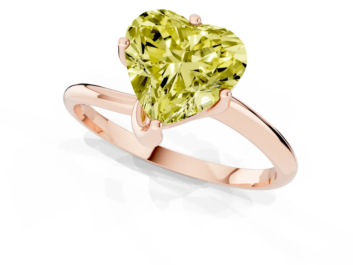 Fancy Yellow Heart Cut Diamond Solitaire Engagement Ring with Four-Prong Setting and Classic Band Rose gold