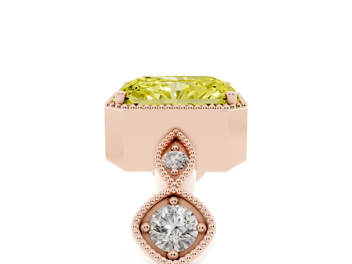Fancy Yellow Radiant Cut Diamond Vintage Milgrain Ring with Round Stations Rose gold