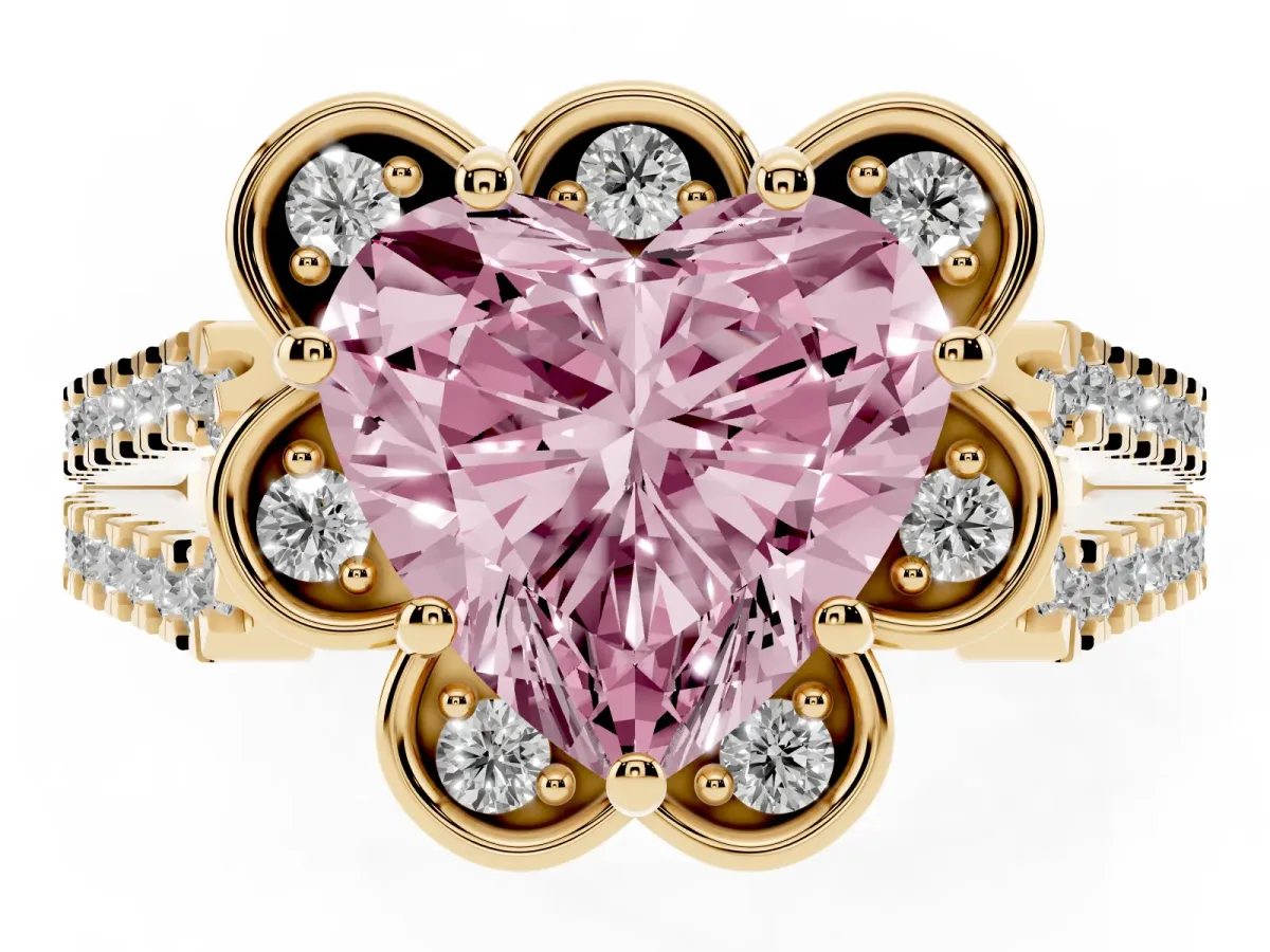 Fancy Pink Heart Cut Halo Diamond Floral Split Shank Engagement Ring Yellow gold
