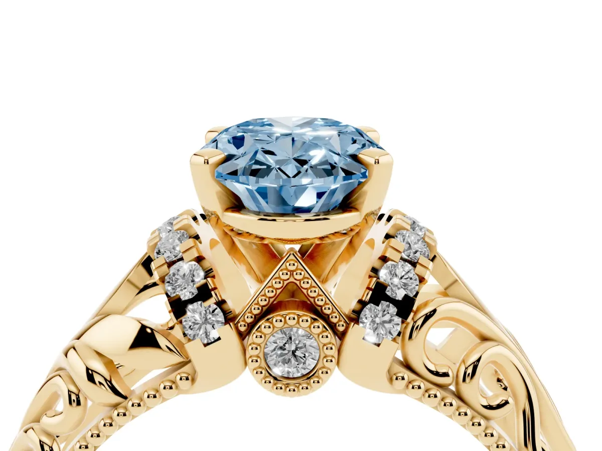 Fancy Blue Oval Cut Solitaire Filigree Engagement Ring with Halo and Prong Setting Yellow gold