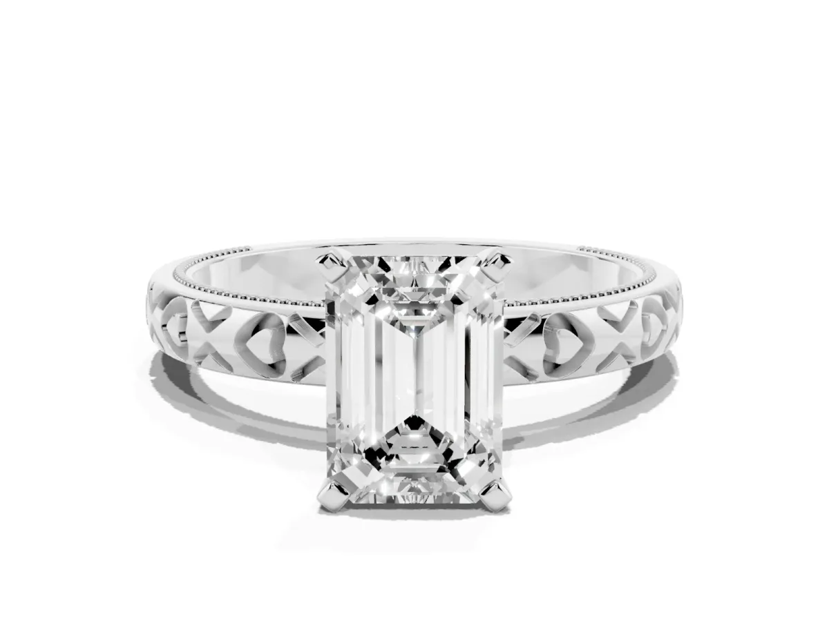 Emerald Cut Solitaire Diamond Engagement Ring with XO Engraved Band and Four-Prong Setting White gold