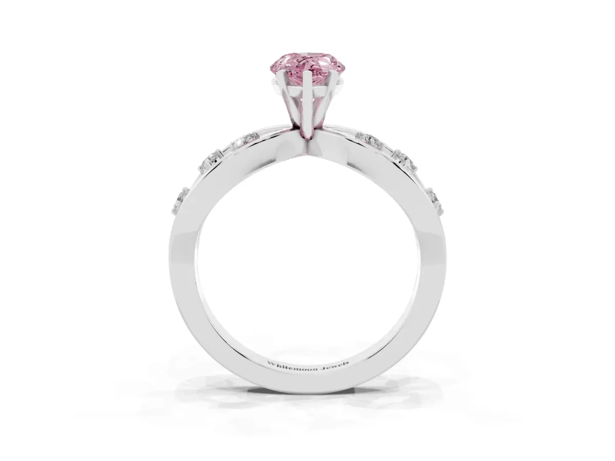 Fancy Pink Pear Cut Cut Solitaire Diamond with Side Stones on Criss-Cross Band and Four-Prong Setting Platinum