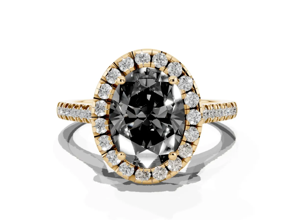 Fancy Black Oval Cut Diamond Cushion Halo Ring with Pavé Band Yellow gold