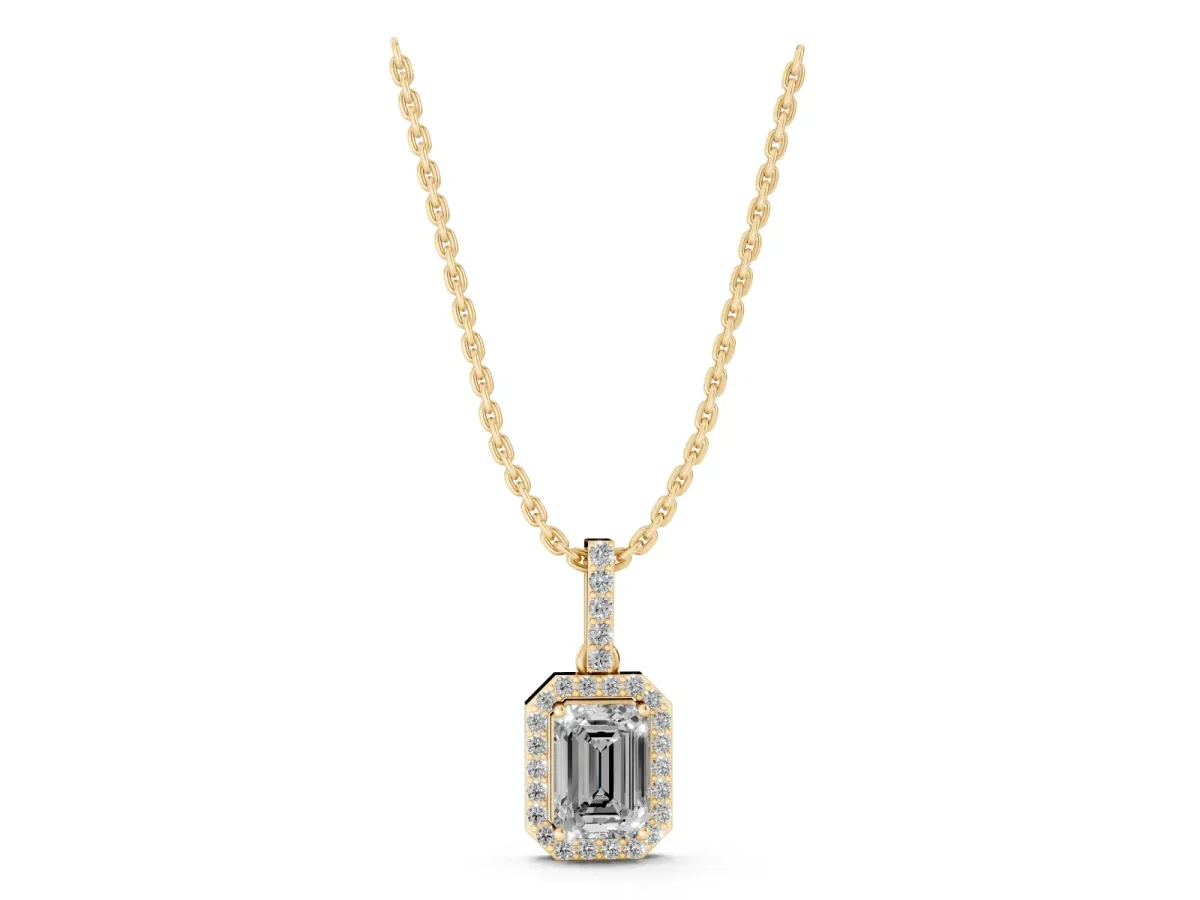 Emerald Cut Halo Diamond Pendant with Prong Setting Yellow gold